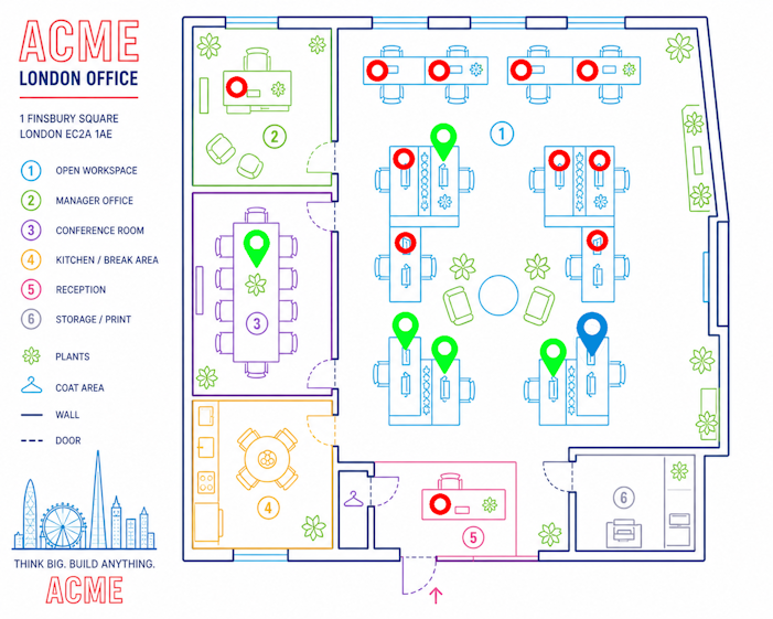London office floor plan with neon pins marking booked desks